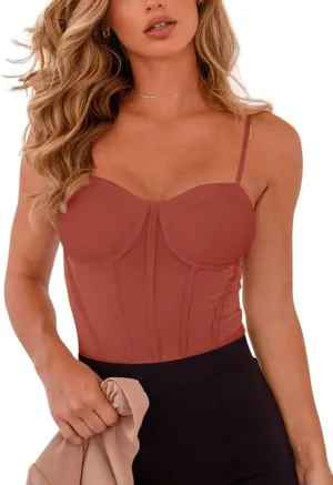 REORIA Women's Trendy Sexy Mesh Sheer Spaghetti Strap Going Out Slimming Bustier Corset Bodysuit With Built In Bra