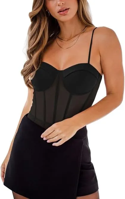 REORIA Women's Trendy Sexy Mesh Sheer Spaghetti Strap Going Out Slimming Bustier Corset Bodysuit With Built In Bra