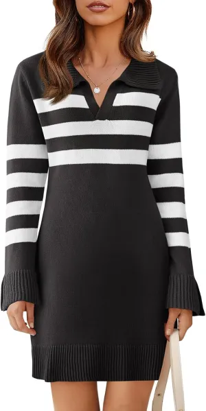 Saodimallsu Womens Striped Sweater Dress V Neck Collared Long Sleeve Slim Fit Ribbed Knit Trendy Mini Dresses
