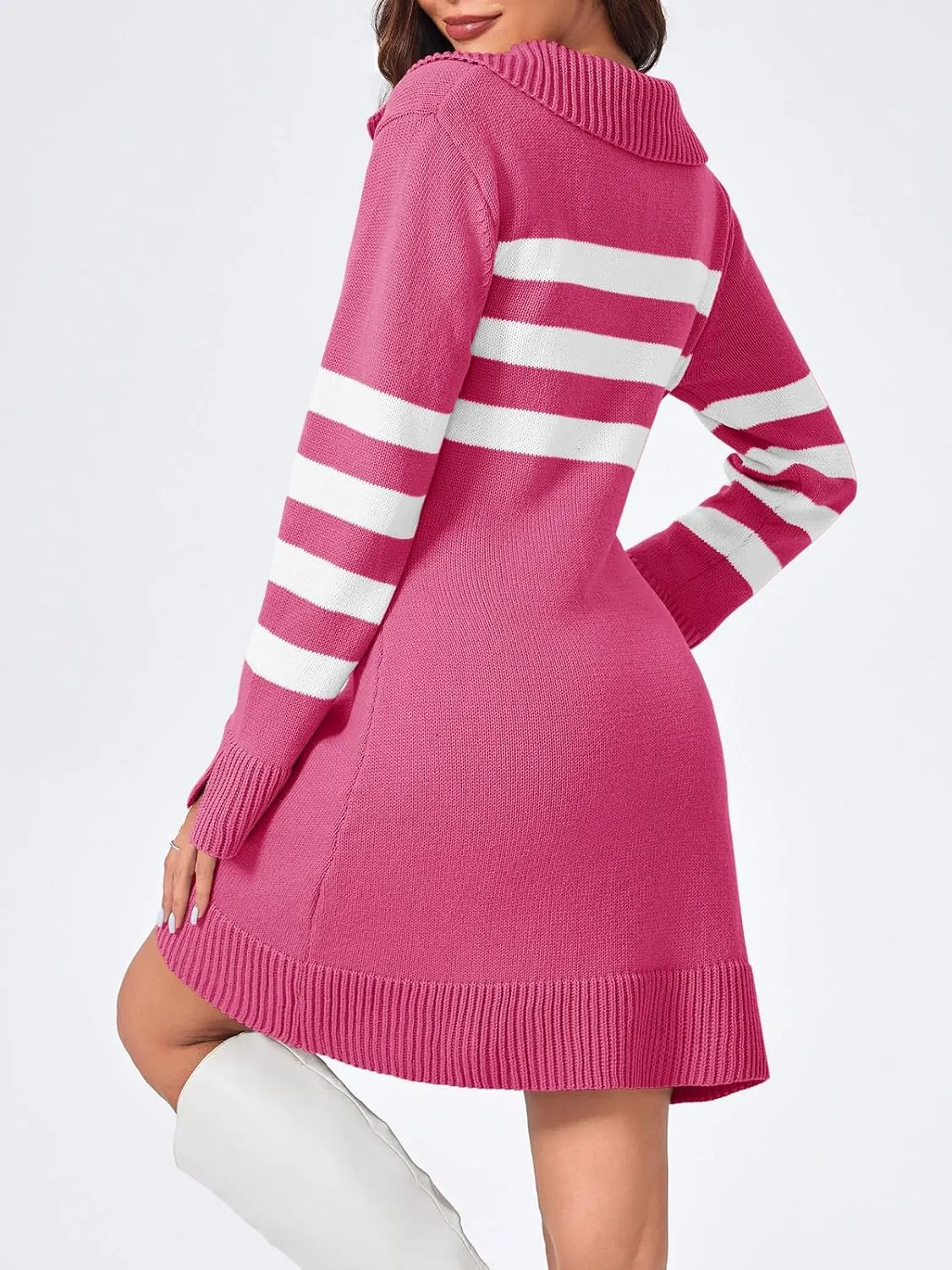 Saodimallsu Womens Striped Sweater Dress V Neck Collared Long Sleeve Slim Fit Ribbed Knit Trendy Mini Dresses