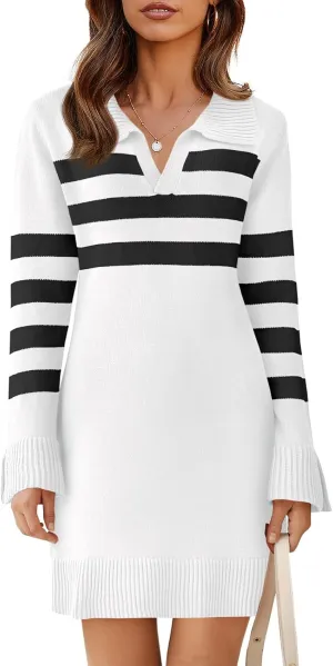 Saodimallsu Womens Striped Sweater Dress V Neck Collared Long Sleeve Slim Fit Ribbed Knit Trendy Mini Dresses