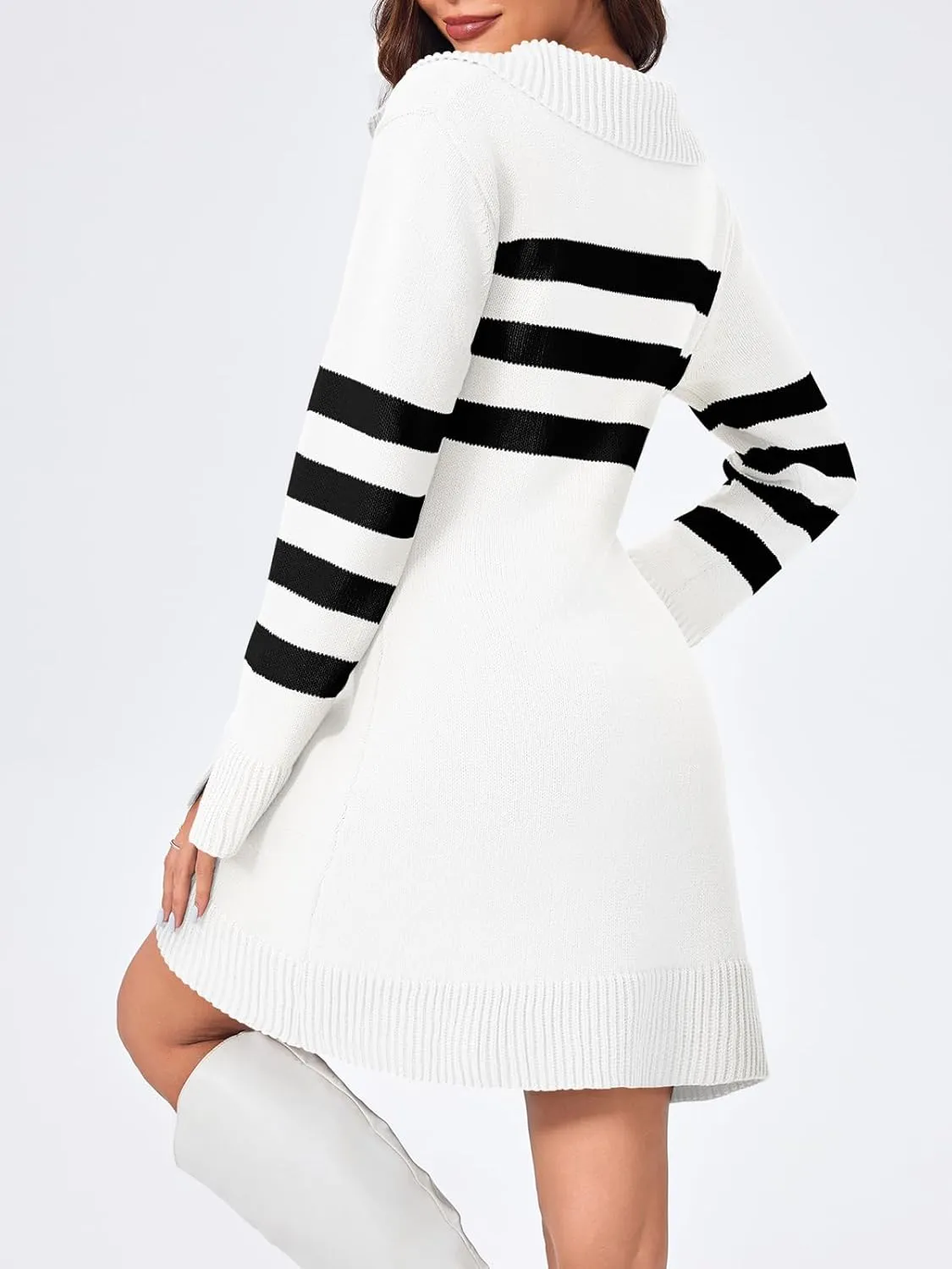 Saodimallsu Womens Striped Sweater Dress V Neck Collared Long Sleeve Slim Fit Ribbed Knit Trendy Mini Dresses