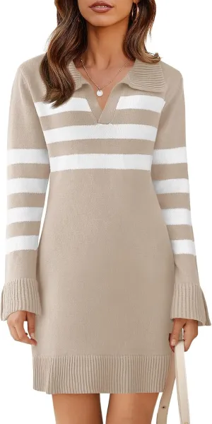 Saodimallsu Womens Striped Sweater Dress V Neck Collared Long Sleeve Slim Fit Ribbed Knit Trendy Mini Dresses