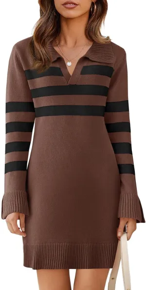 Saodimallsu Womens Striped Sweater Dress V Neck Collared Long Sleeve Slim Fit Ribbed Knit Trendy Mini Dresses