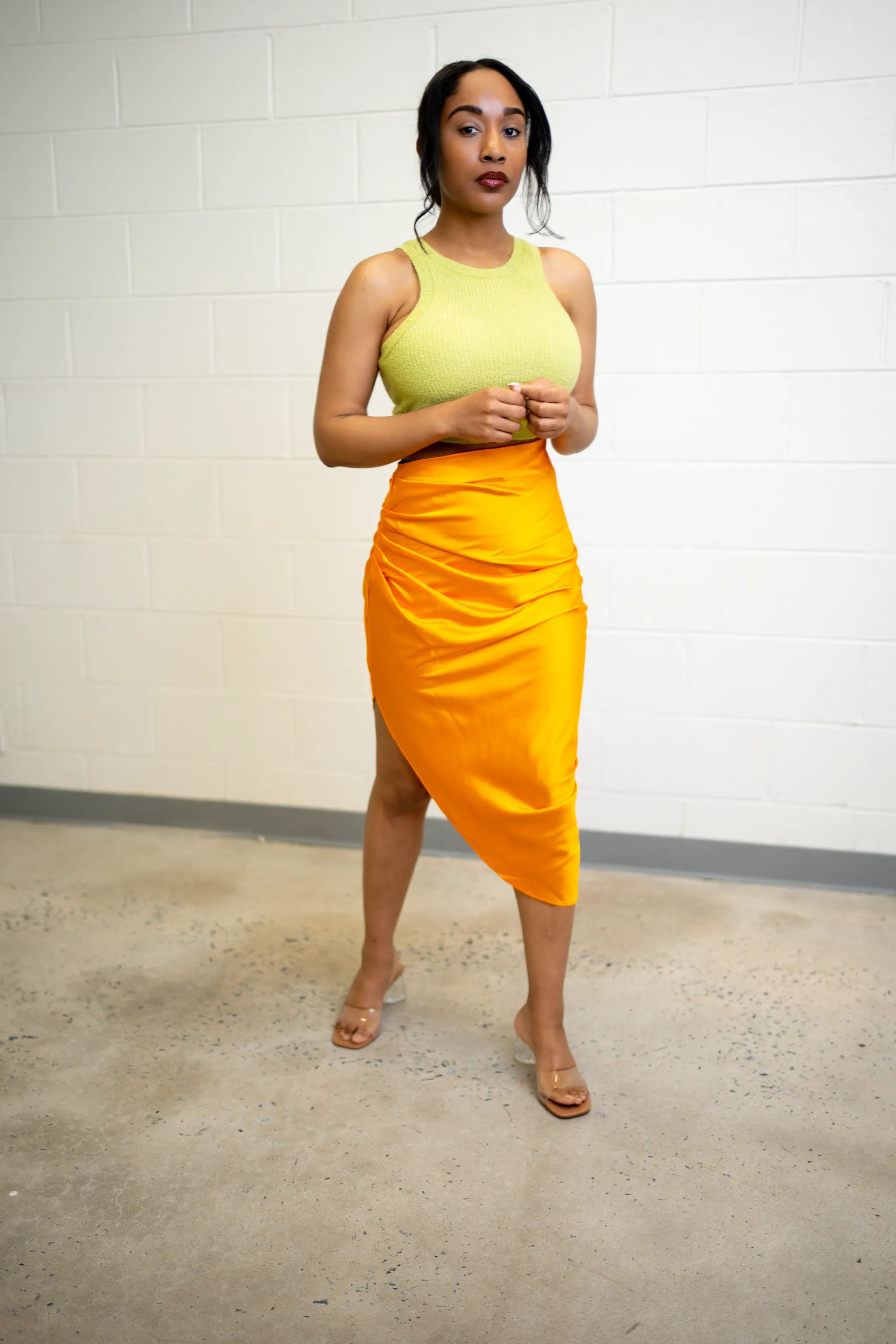 Satin Ruched Midi Skirt