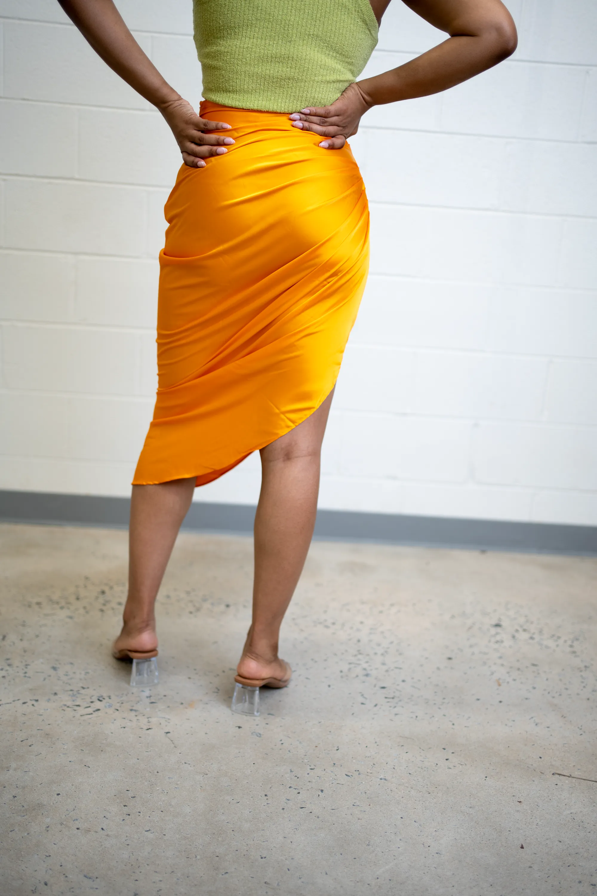 Satin Ruched Midi Skirt