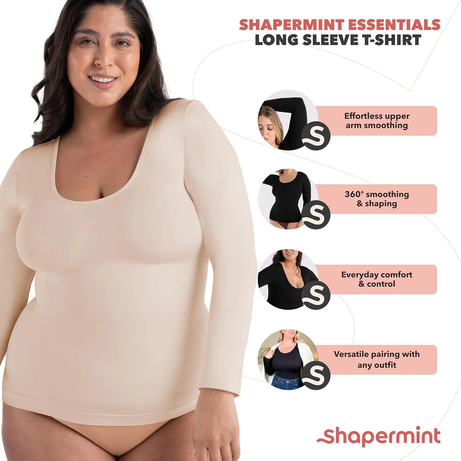 SHAPERMINT Cami Shaper, Womens Long Sleeve T Shirts, Long Sleeve Tops for Women, Compression Shirt Women Long Sleeve Tops