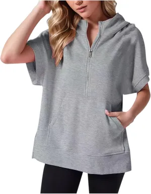 Short Sleeve Sweatshirt Women Oversized Half Zip Hoodies Casual Pullover Tops