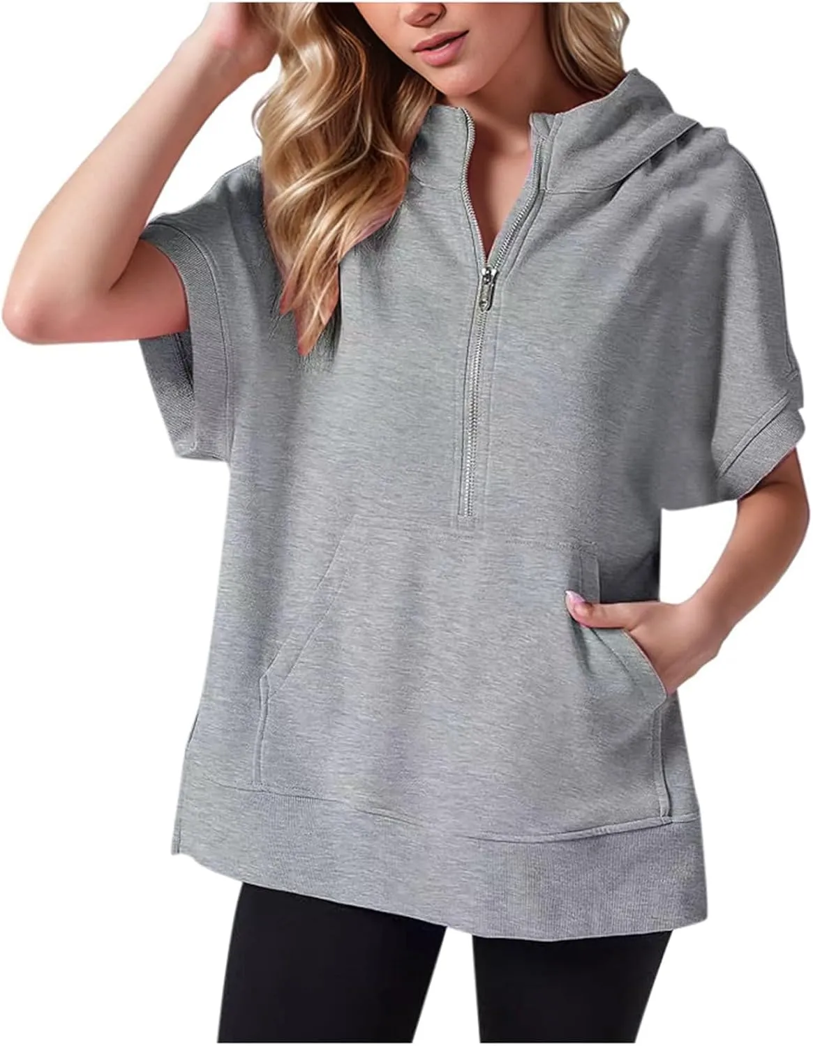 Short Sleeve Sweatshirt Women Oversized Half Zip Hoodies Casual Pullover Tops
