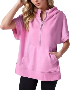 Short Sleeve Sweatshirt Women Oversized Half Zip Hoodies Casual Pullover Tops