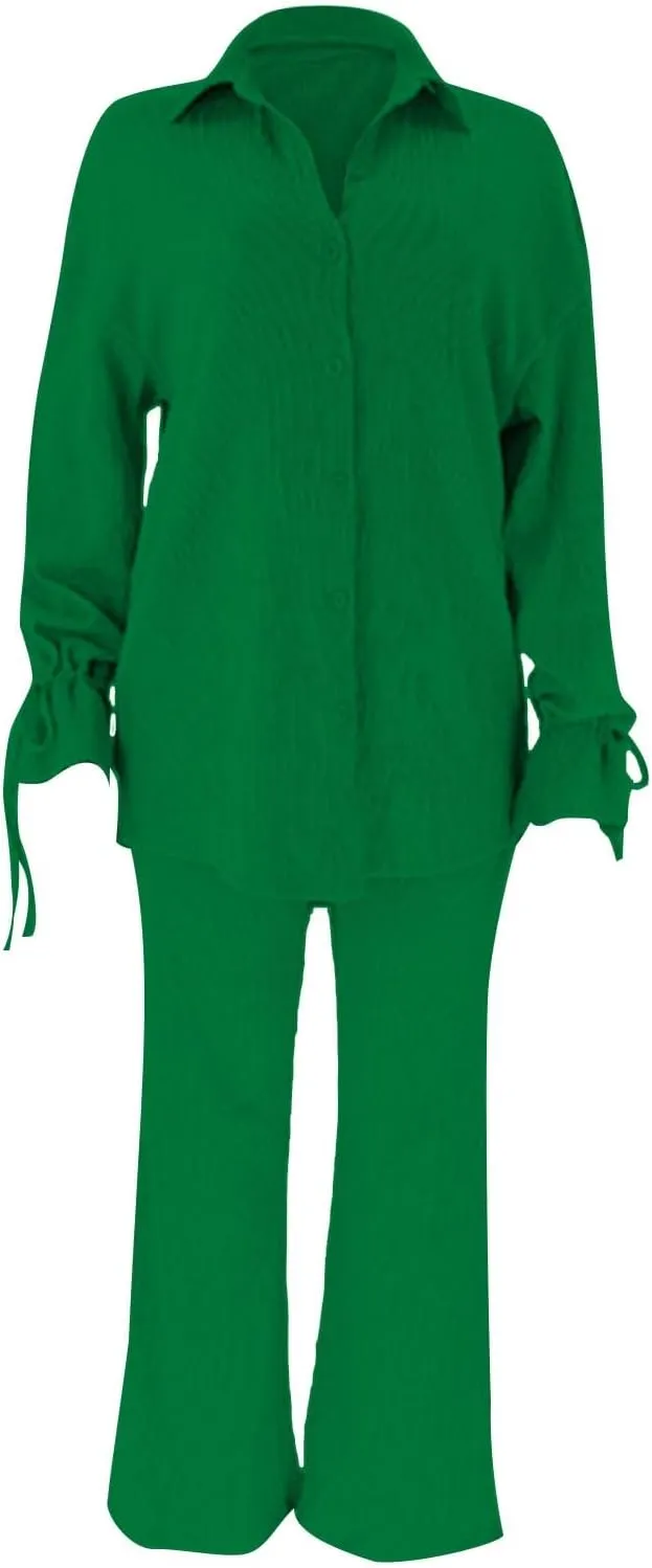 Side Split Pants Suit for Women 2 Piece Lounge Sets Collared Long Sleeve Button Down Shirt and Wide Leg Pants