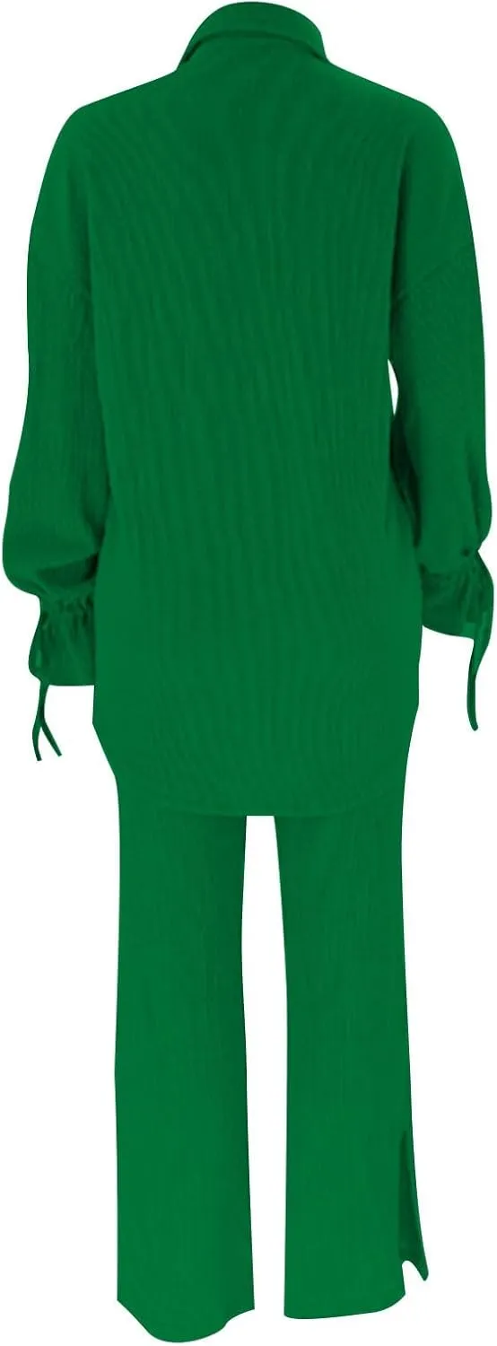 Side Split Pants Suit for Women 2 Piece Lounge Sets Collared Long Sleeve Button Down Shirt and Wide Leg Pants