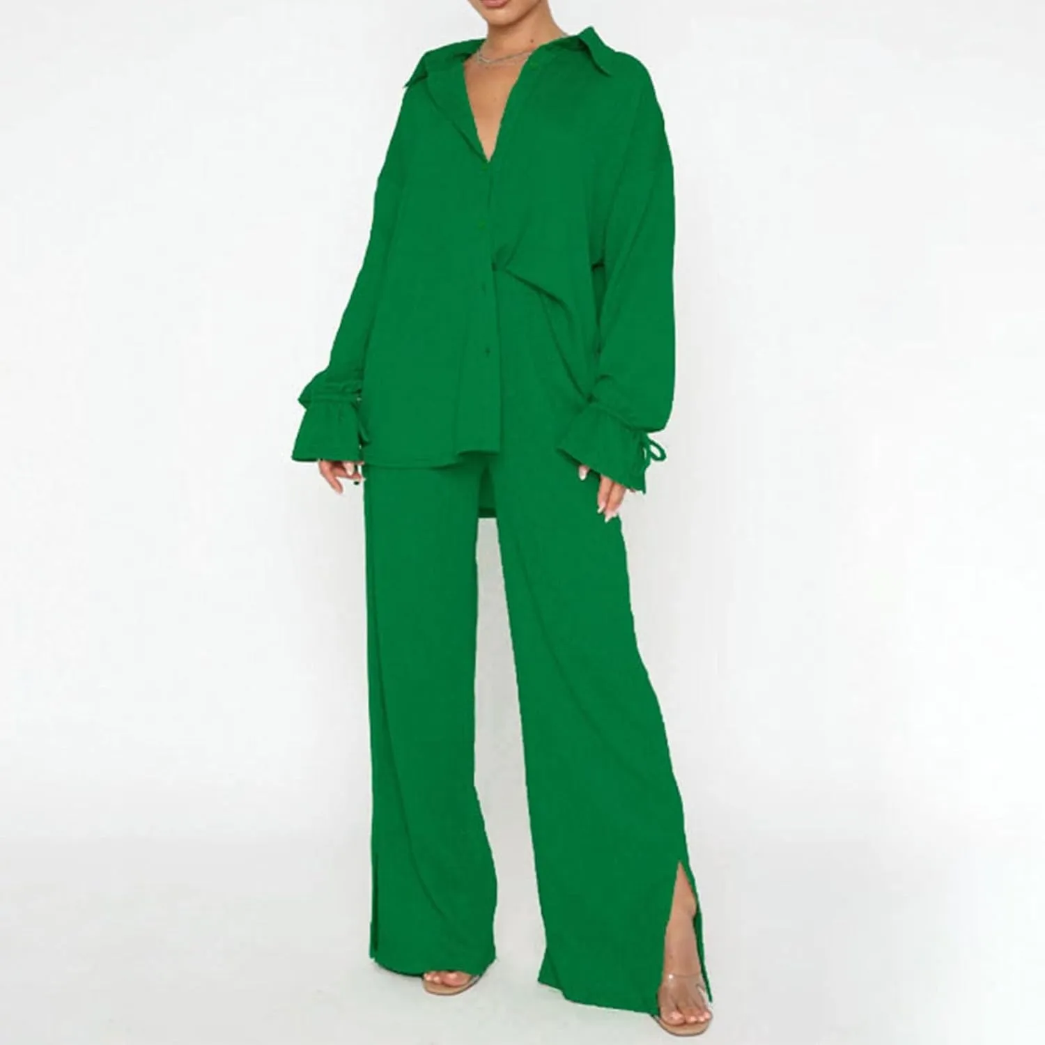 Side Split Pants Suit for Women 2 Piece Lounge Sets Collared Long Sleeve Button Down Shirt and Wide Leg Pants
