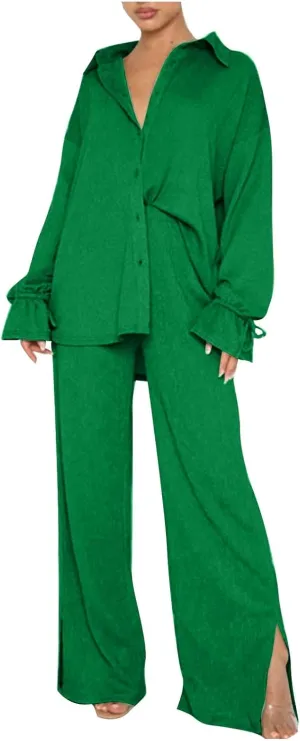 Side Split Pants Suit for Women 2 Piece Lounge Sets Collared Long Sleeve Button Down Shirt and Wide Leg Pants