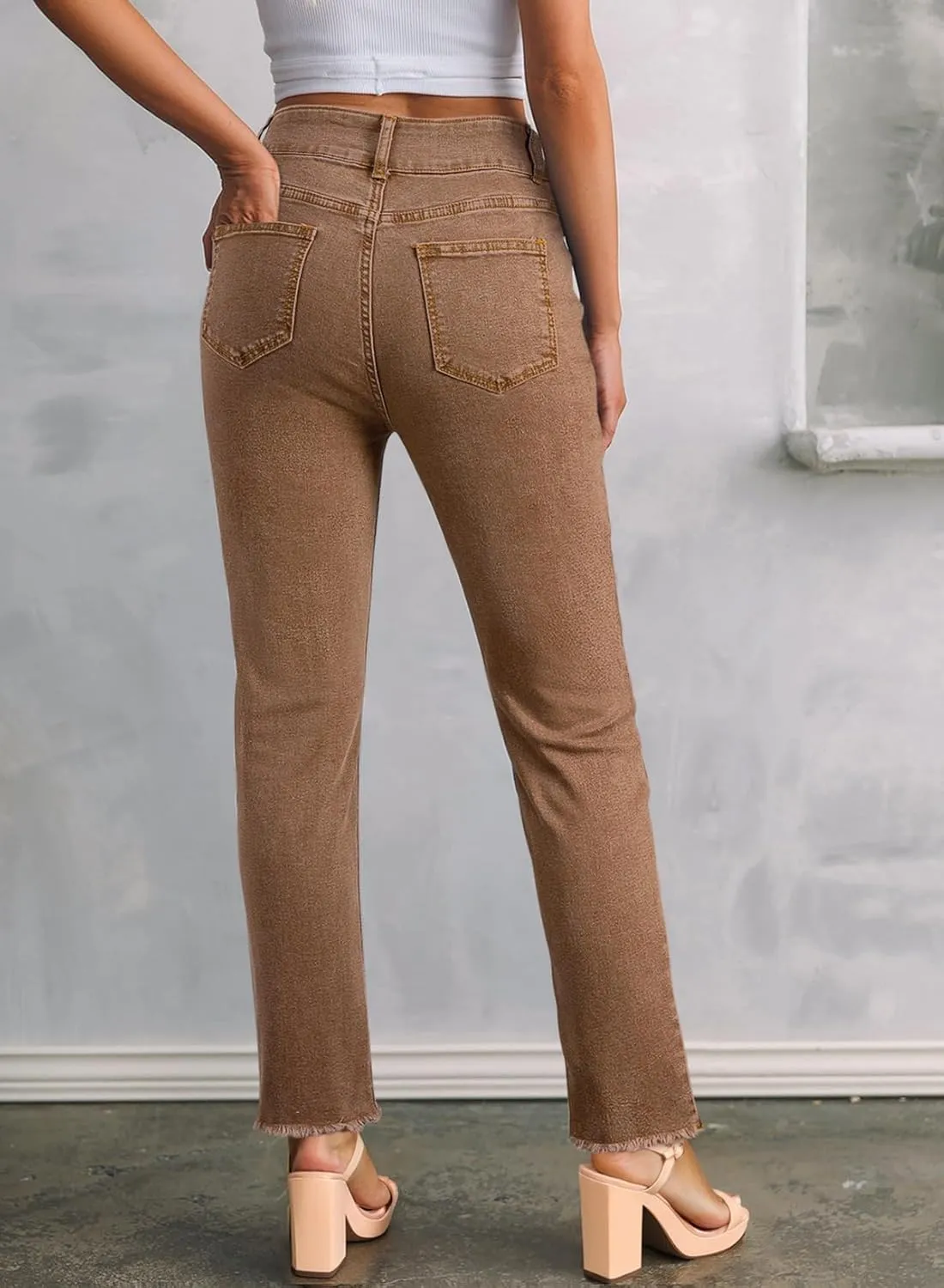 Sidefeel Women's High Waisted Jeans Strechy Spring Fashion Raw Hem Straight Leg Ankle Denim Pants with Pockets