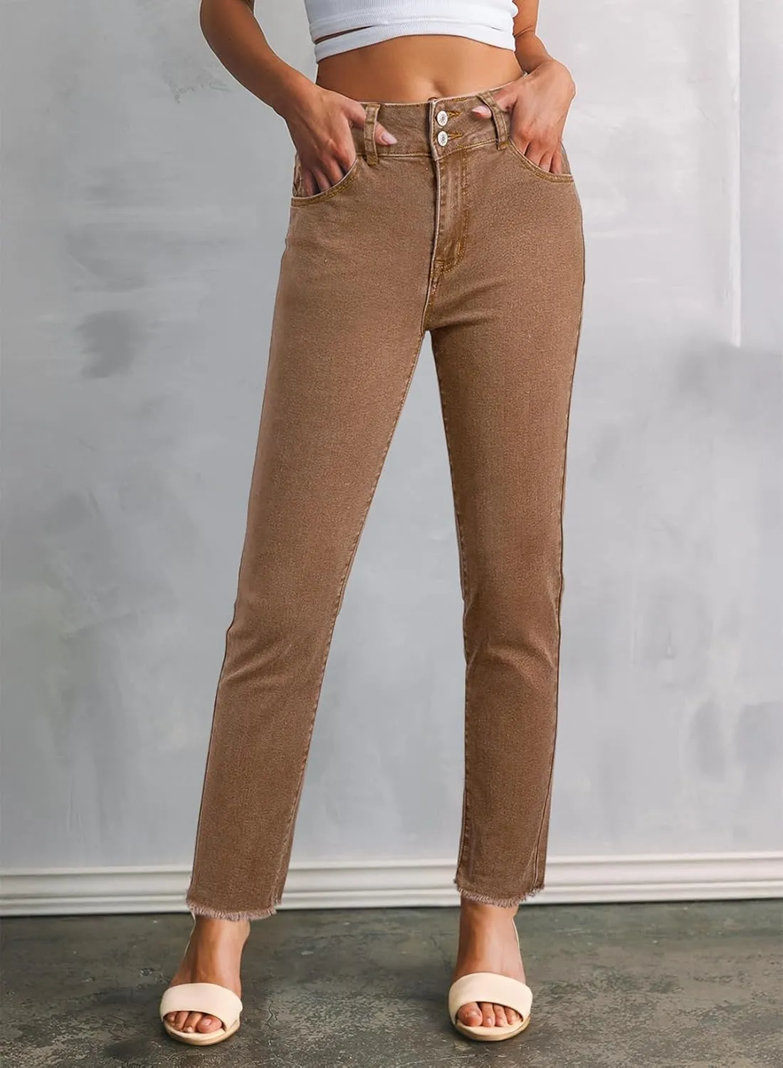 Sidefeel Women's High Waisted Jeans Strechy Spring Fashion Raw Hem Straight Leg Ankle Denim Pants with Pockets