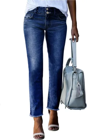 Sidefeel Womens Jeans High Waisted Strechy Raw Hem Straight Leg Denim Pants with Pockets