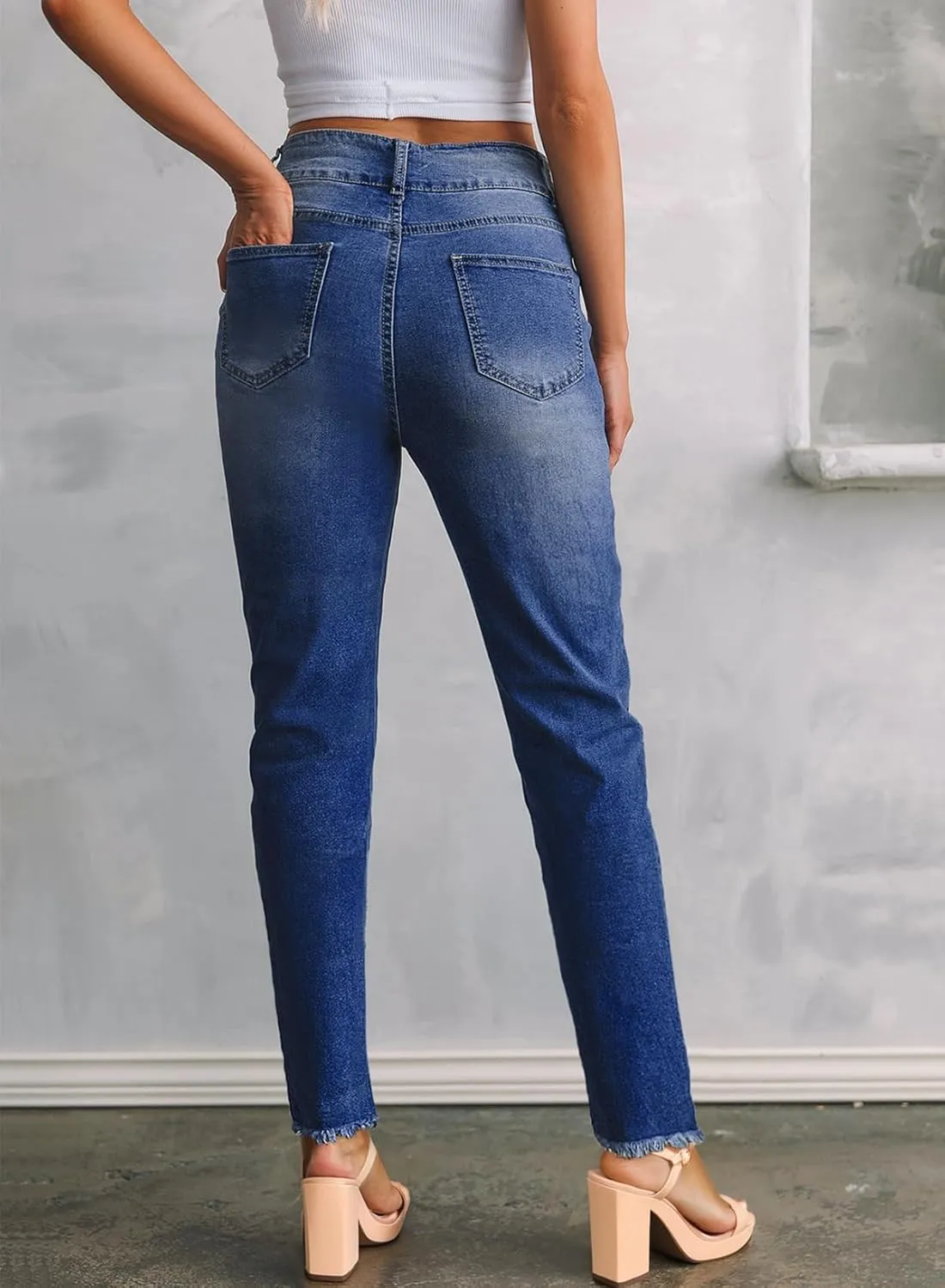 Sidefeel Womens Jeans High Waisted Strechy Raw Hem Straight Leg Denim Pants with Pockets