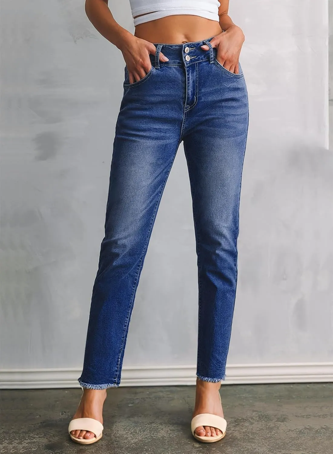 Sidefeel Womens Jeans High Waisted Strechy Raw Hem Straight Leg Denim Pants with Pockets