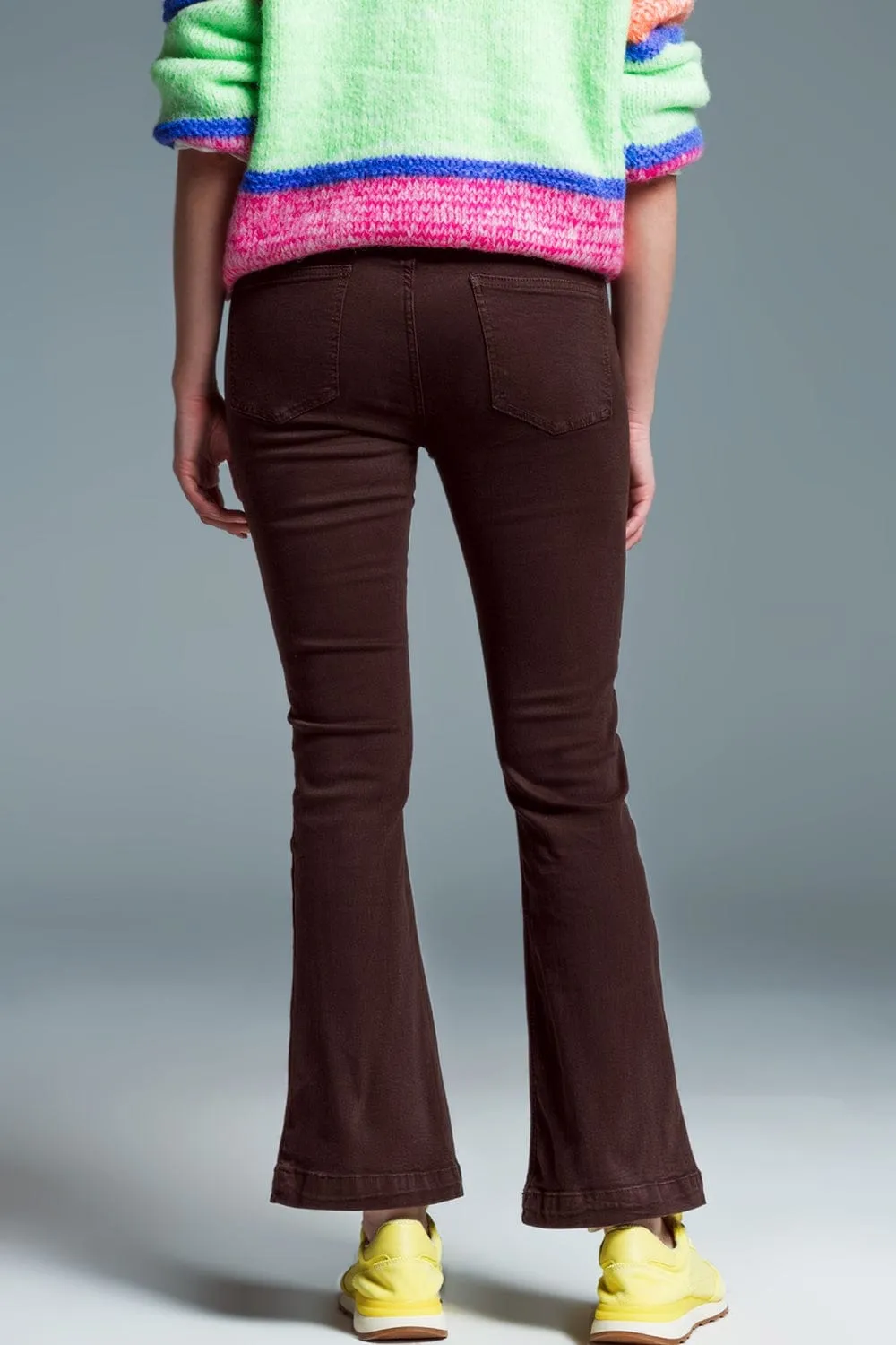Skinny Flared Jeans With Double Button Detail In Brown