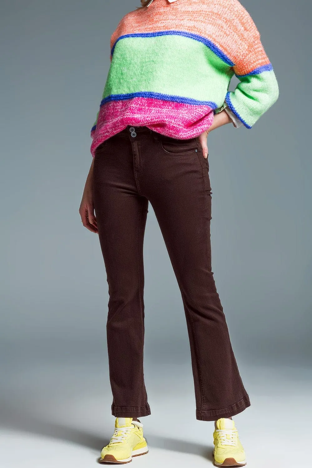 Skinny Flared Jeans With Double Button Detail In Brown
