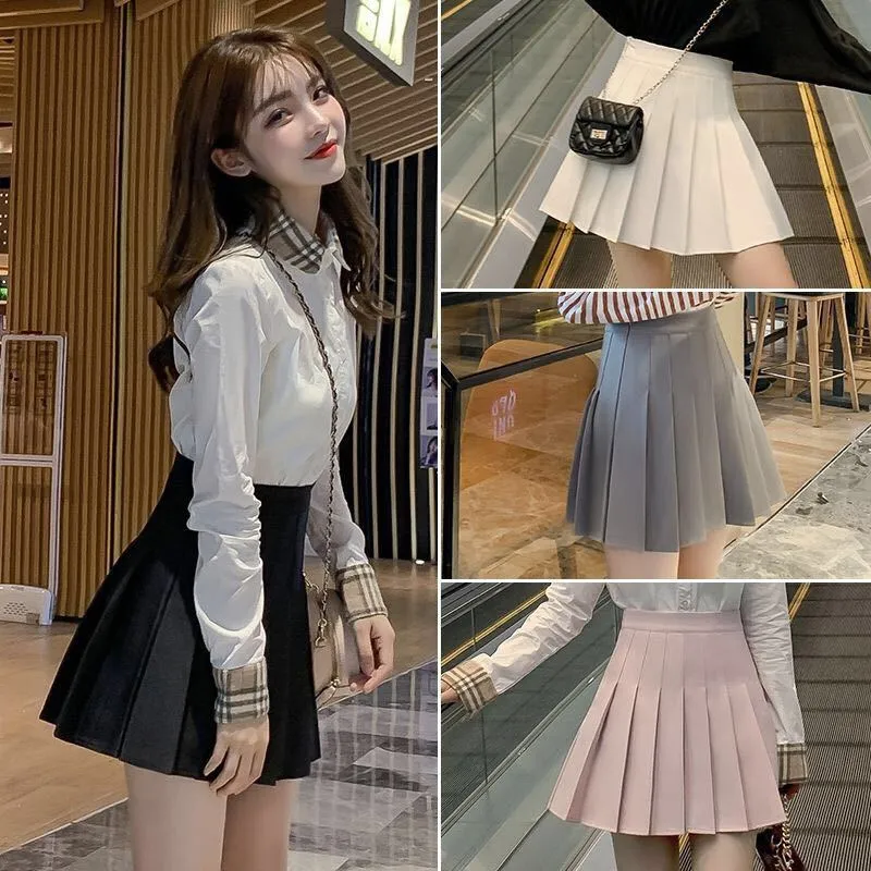 Skirt Pleated High Waist Korean A-Line Elegant Chequered Skirt
