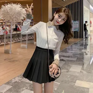 Skirt Pleated High Waist Korean A-Line Elegant Chequered Skirt