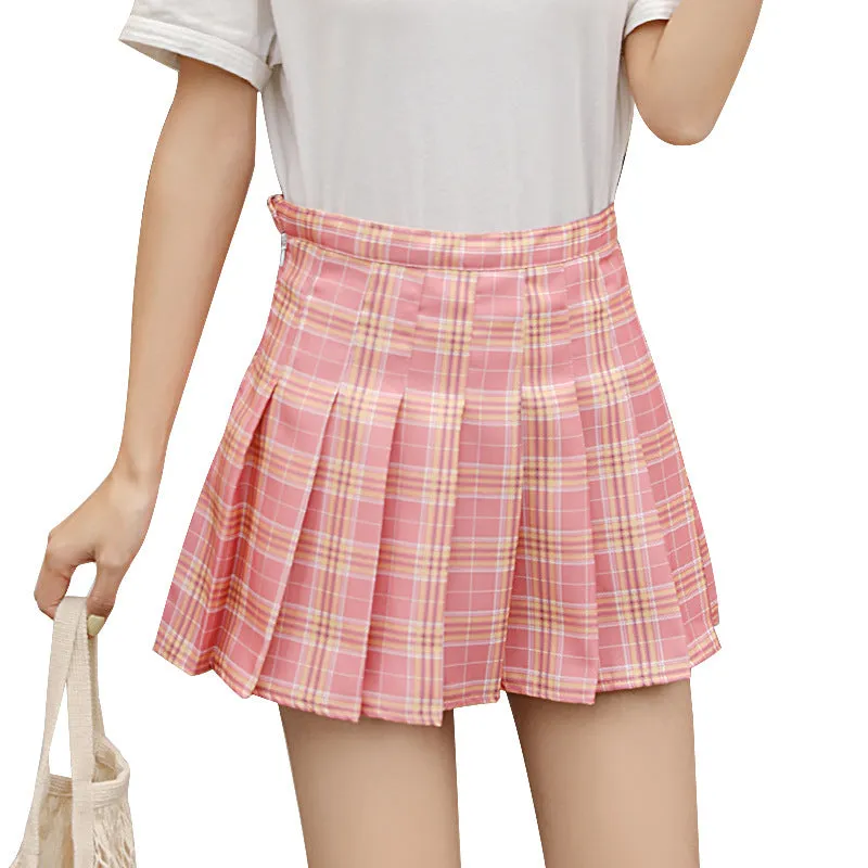 Skirt Pleated High Waist Korean A-Line Elegant Chequered Skirt