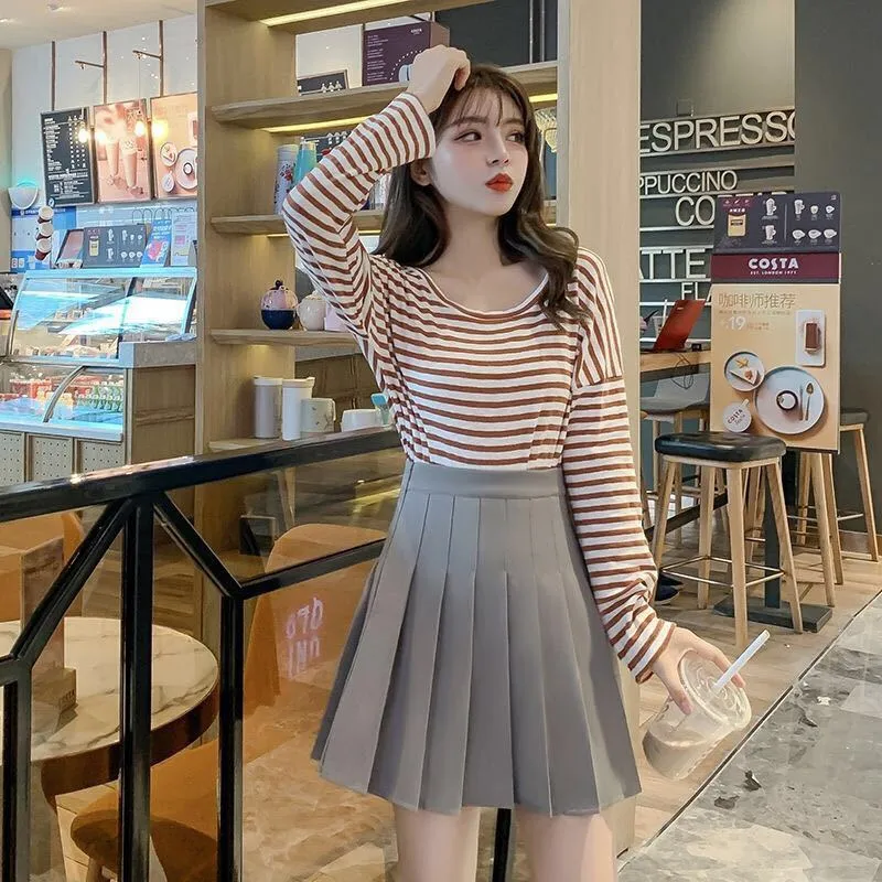 Skirt Pleated High Waist Korean A-Line Elegant Chequered Skirt