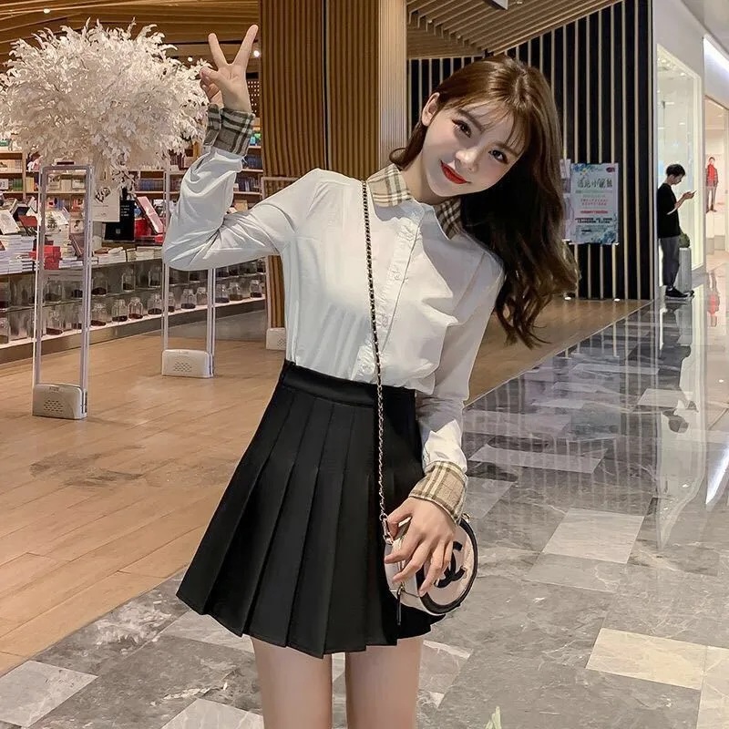Skirt Pleated High Waist Korean A-Line Elegant Chequered Skirt