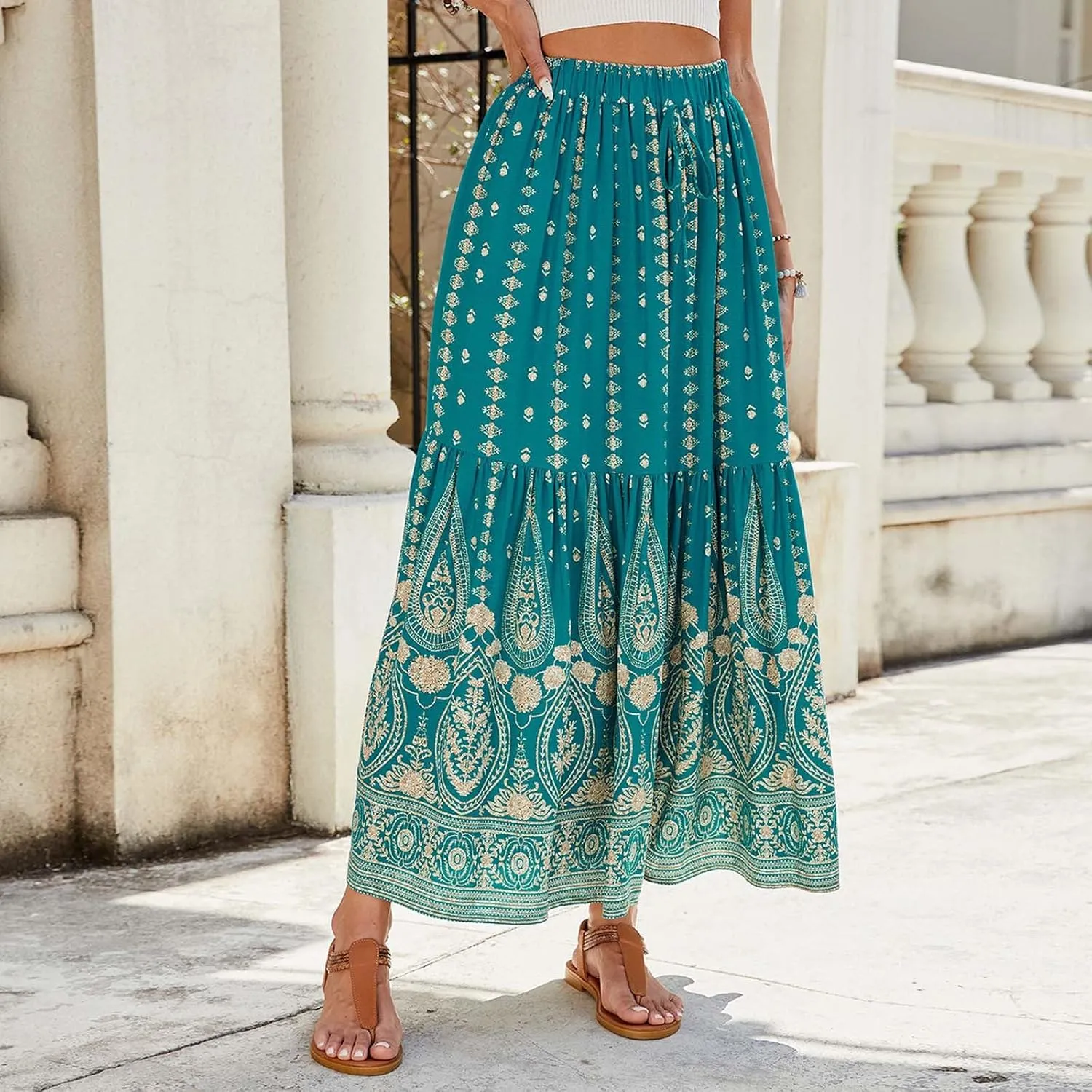 Skirts for Women Boho High Waisted Flowy Drawstring Ruched Casual Skirt Elastic Waist Elegant Patchwork Beach Skorts