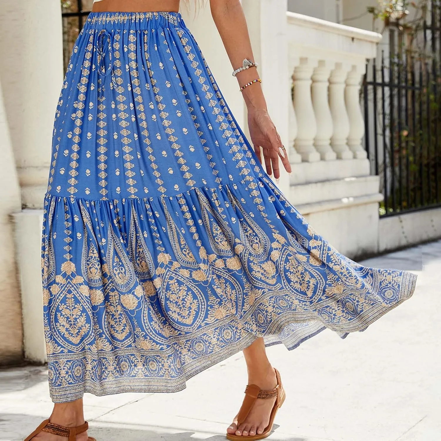 Skirts for Women Boho High Waisted Flowy Drawstring Ruched Casual Skirt Elastic Waist Elegant Patchwork Beach Skorts
