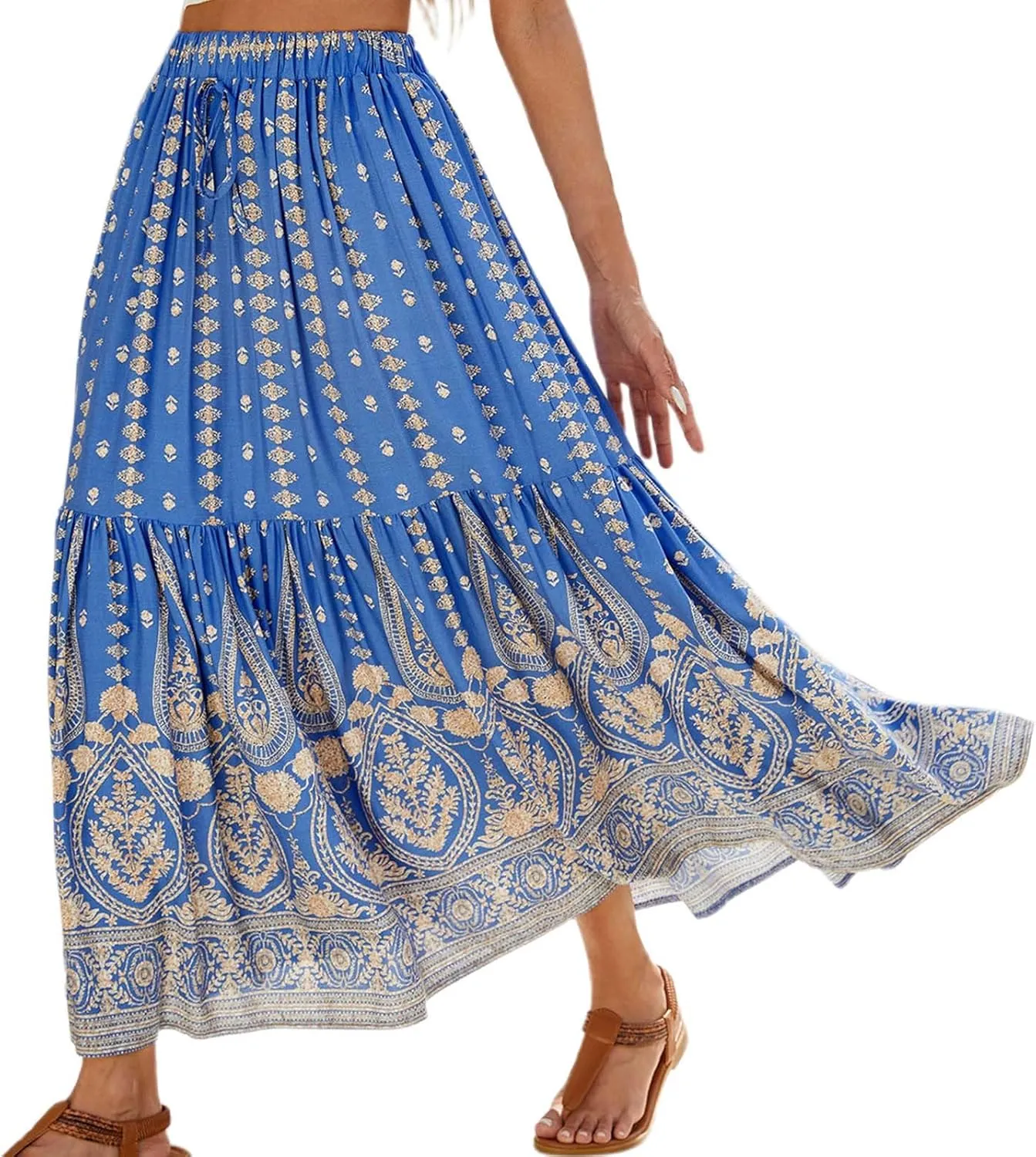 Skirts for Women Boho High Waisted Flowy Drawstring Ruched Casual Skirt Elastic Waist Elegant Patchwork Beach Skorts