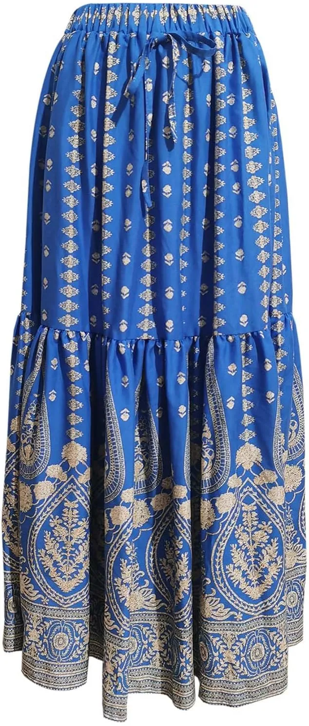 Skirts for Women Boho High Waisted Flowy Drawstring Ruched Casual Skirt Elastic Waist Elegant Patchwork Beach Skorts