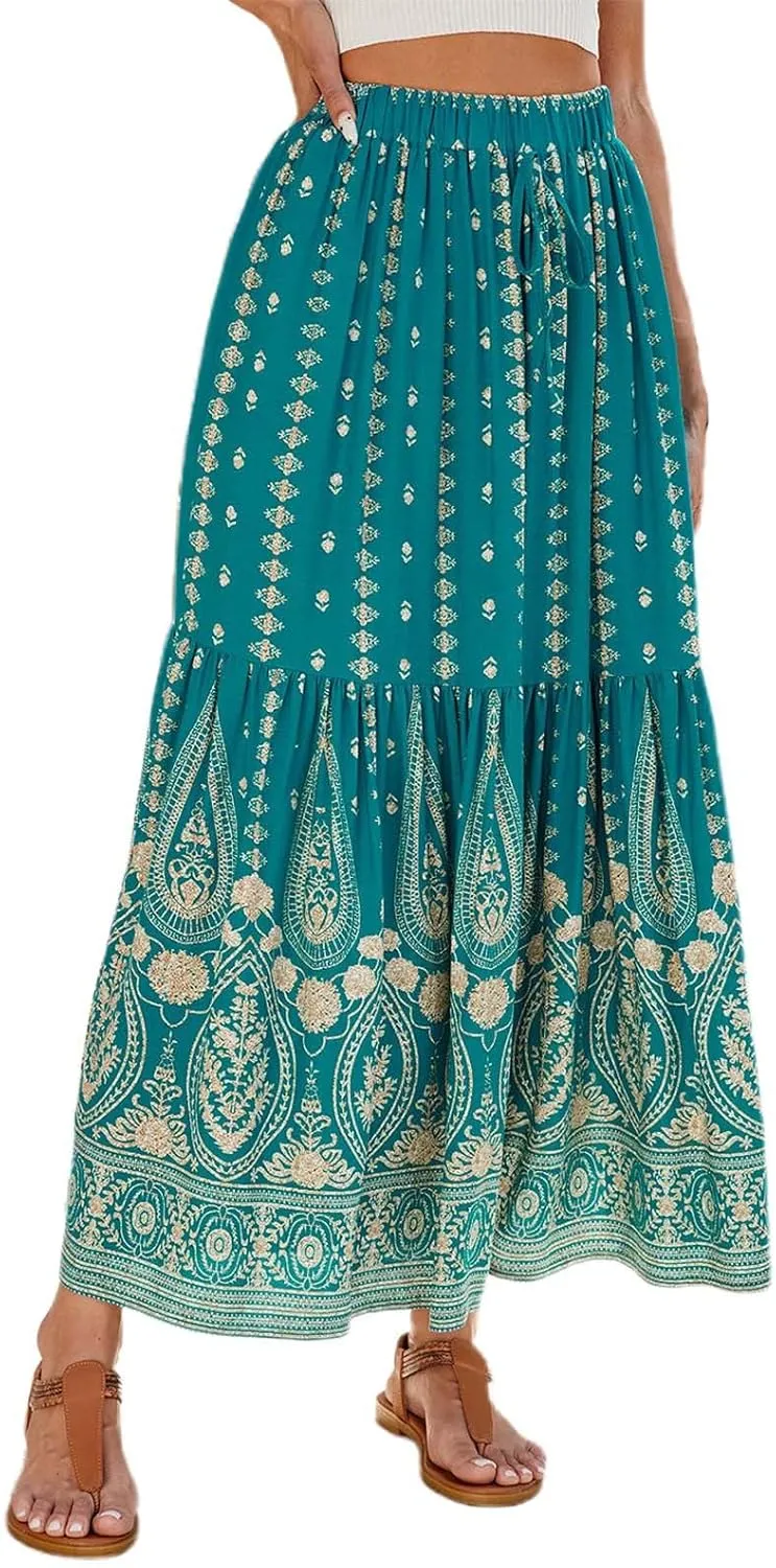 Skirts for Women Boho High Waisted Flowy Drawstring Ruched Casual Skirt Elastic Waist Elegant Patchwork Beach Skorts