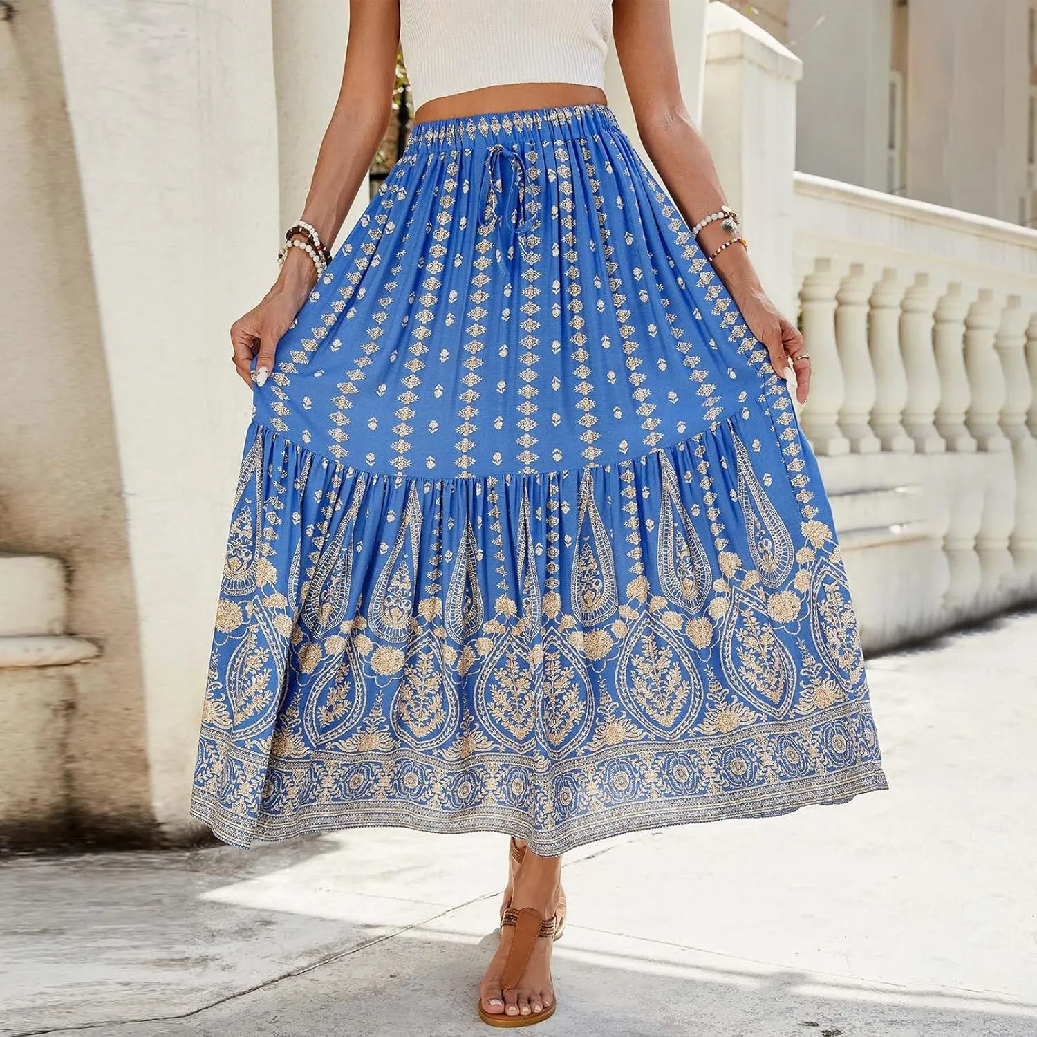 Skirts for Women Boho High Waisted Flowy Drawstring Ruched Casual Skirt Elastic Waist Elegant Patchwork Beach Skorts