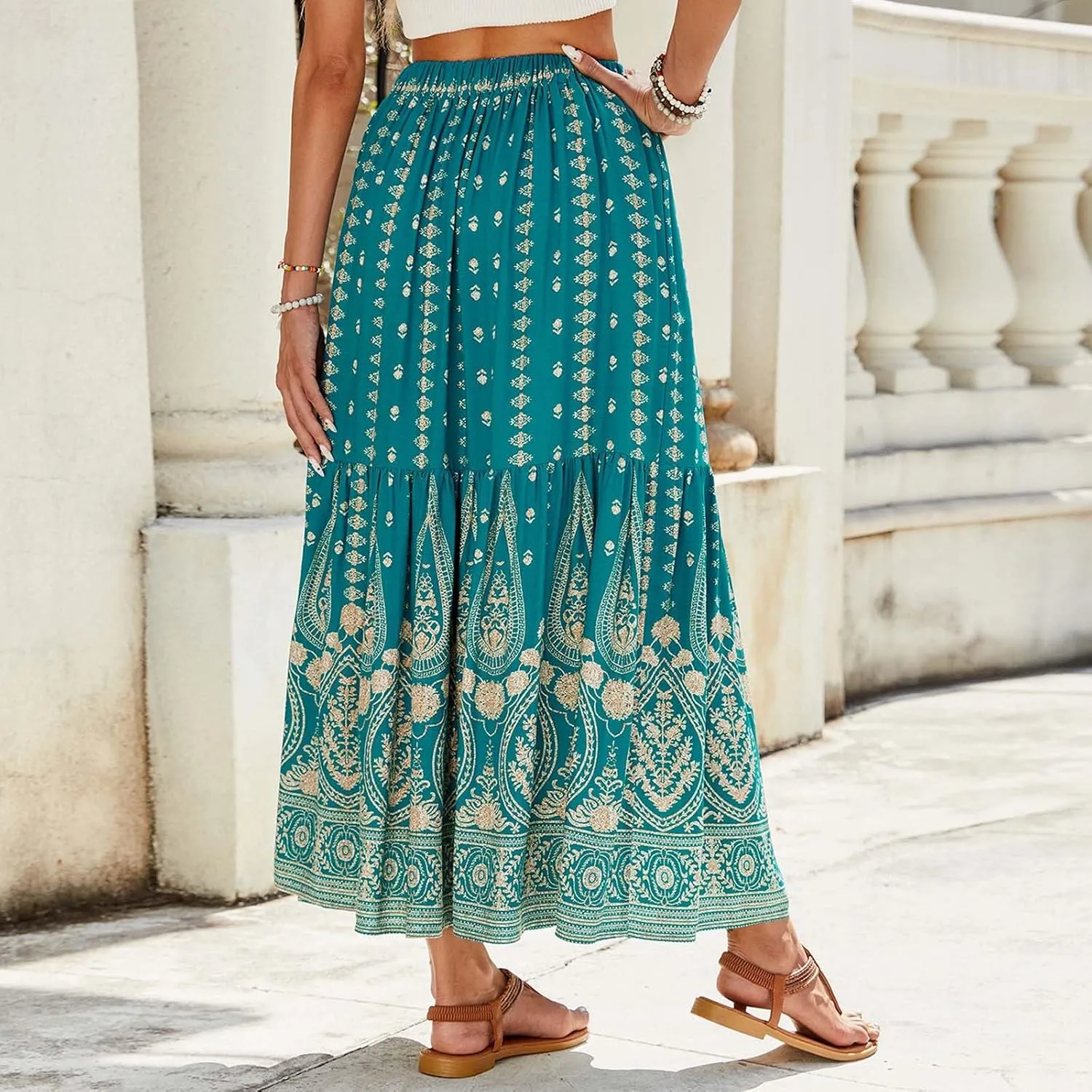 Skirts for Women Boho High Waisted Flowy Drawstring Ruched Casual Skirt Elastic Waist Elegant Patchwork Beach Skorts