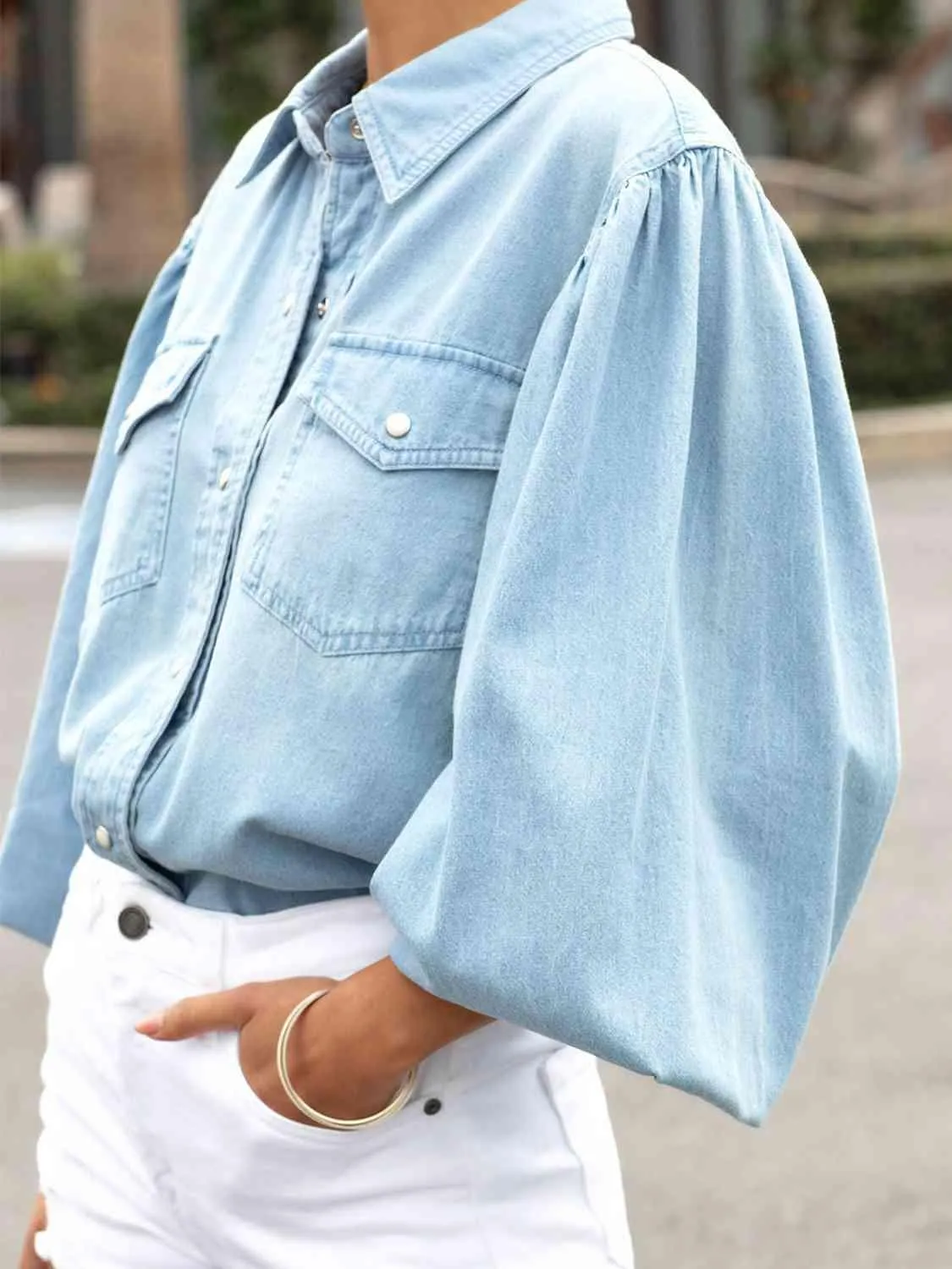 Snap Down Denim Puff Sleeve Jacket