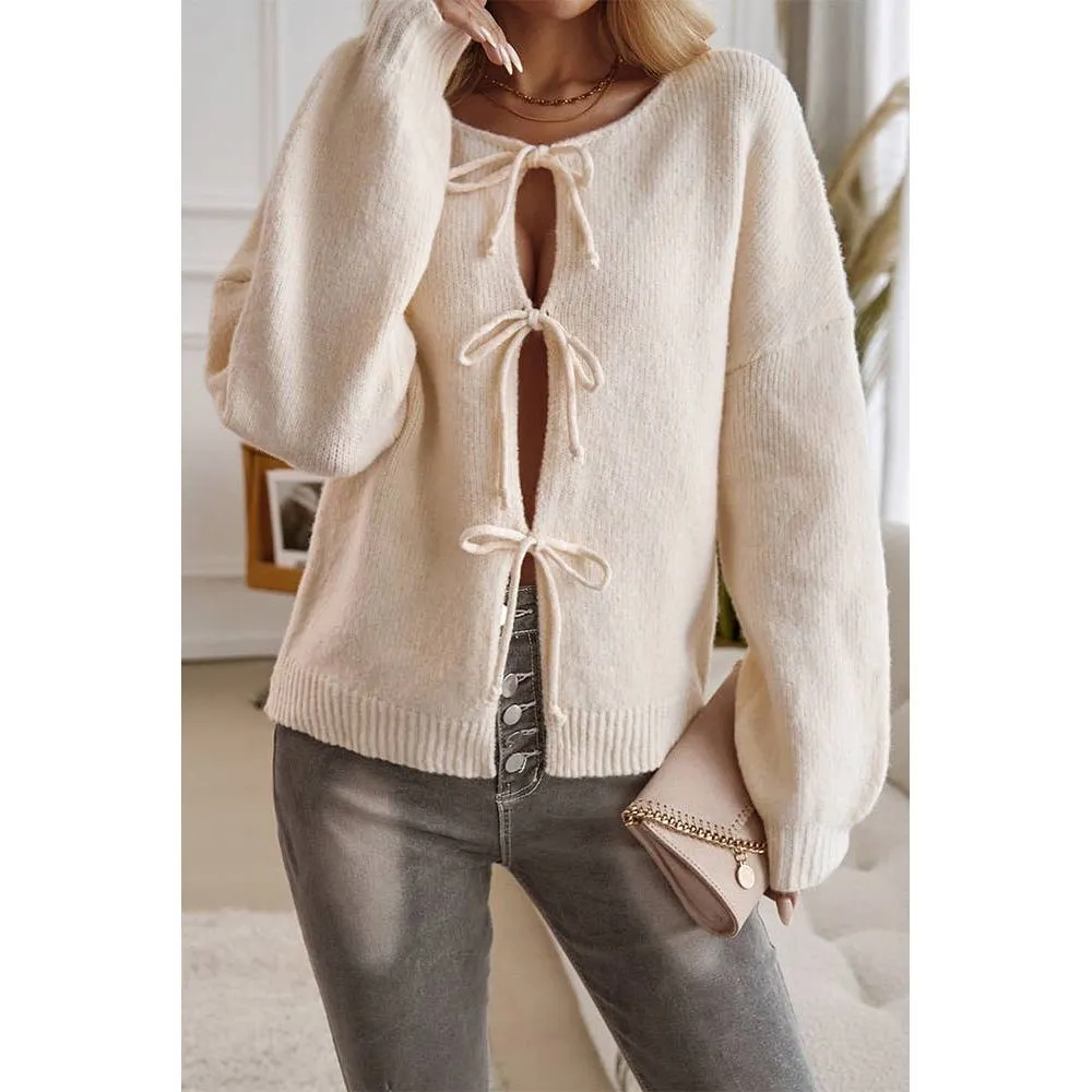 Solid Color Lace Up Front Open Cardigan DY206: Apricot / L