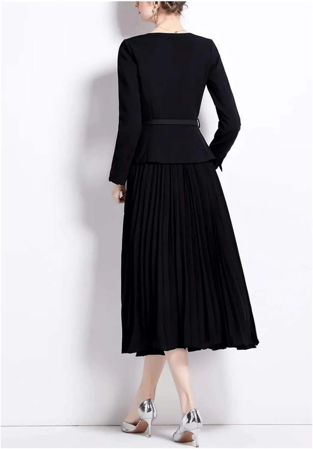 Spring Dresses Retro Professional Wear Pleated Black Vestidos Elegant Midi Party Casual Dress Women