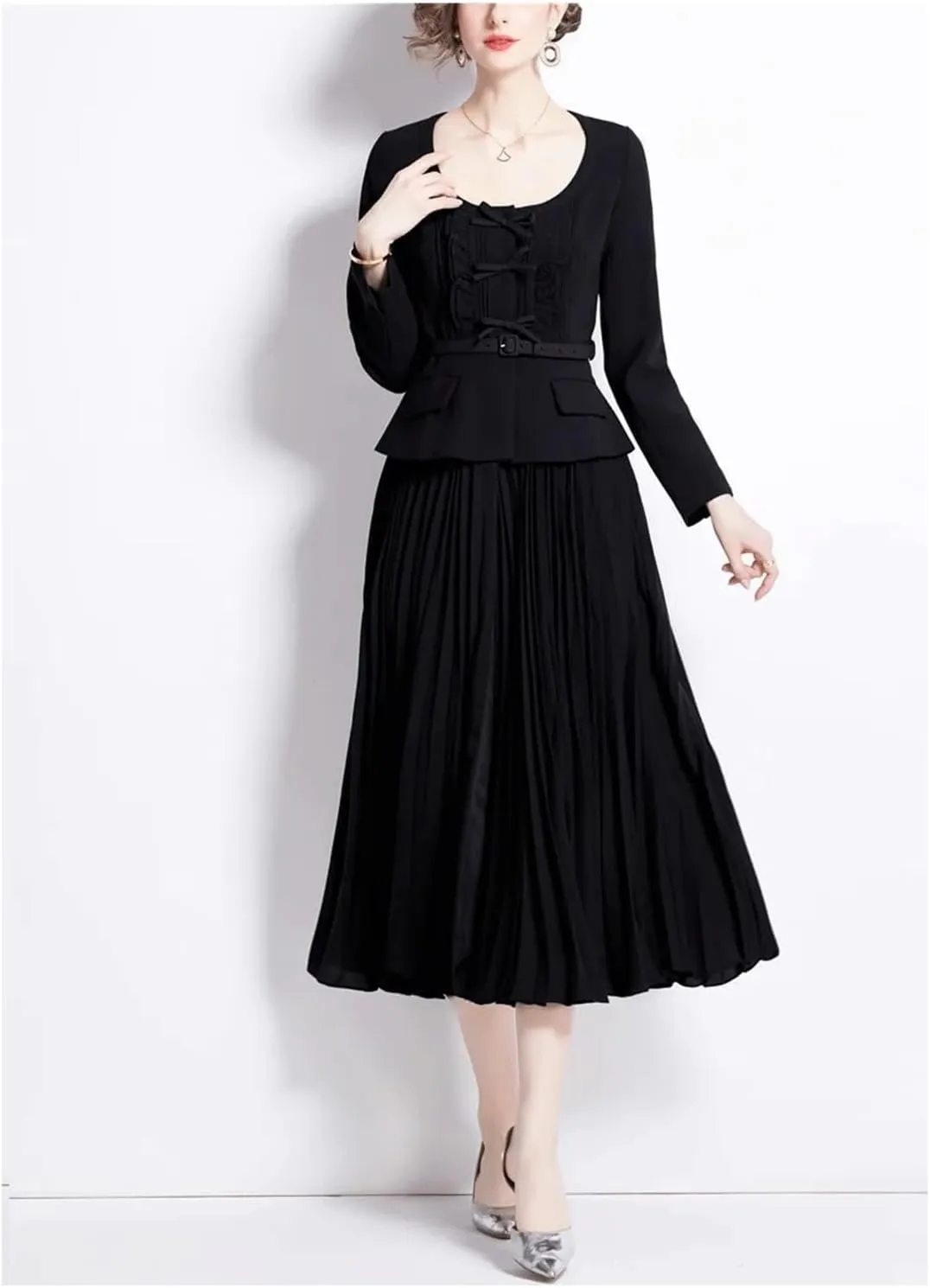Spring Dresses Retro Professional Wear Pleated Black Vestidos Elegant Midi Party Casual Dress Women