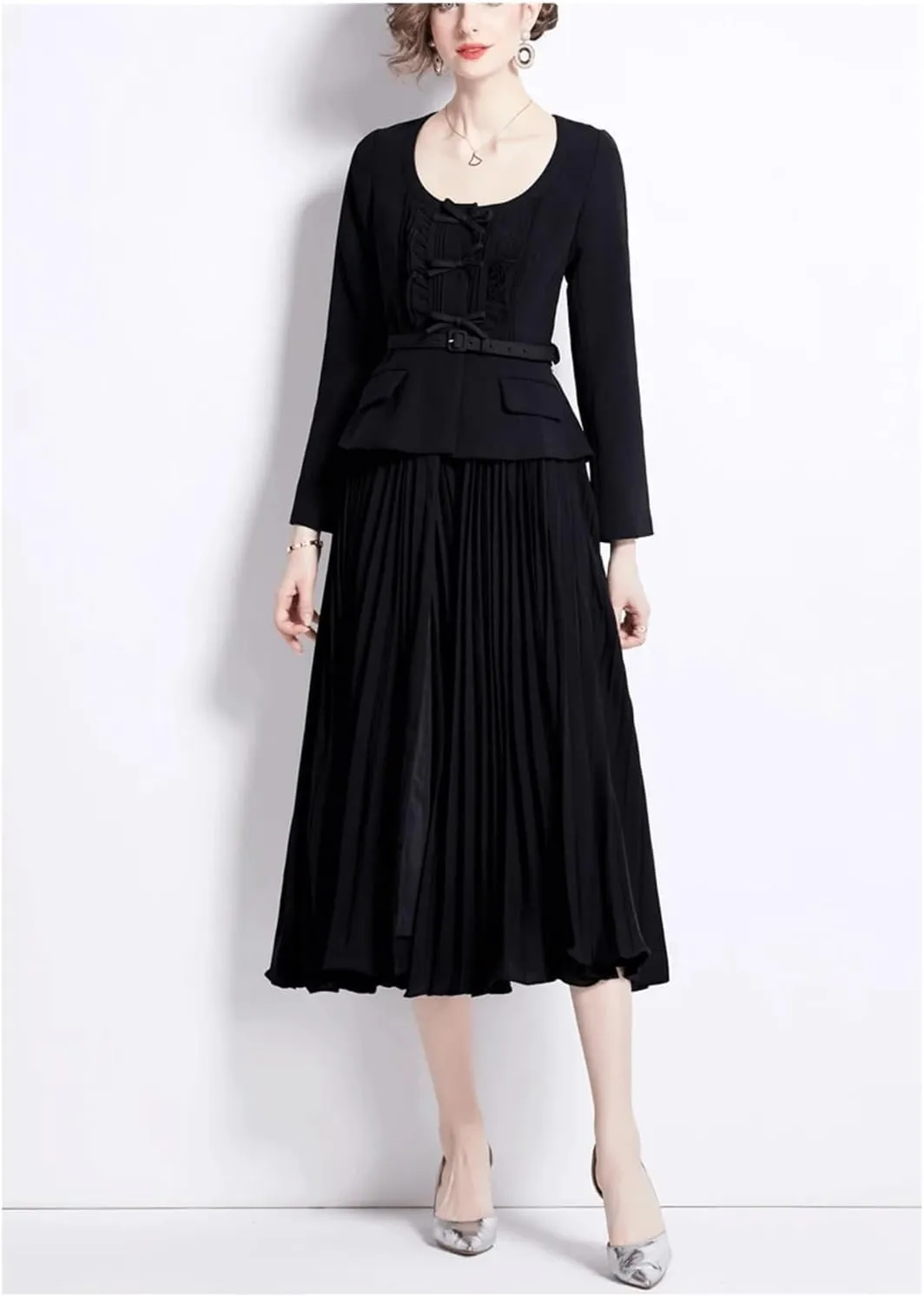 Spring Dresses Retro Professional Wear Pleated Black Vestidos Elegant Midi Party Casual Dress Women