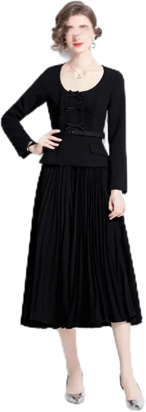 Spring Dresses Retro Professional Wear Pleated Black Vestidos Elegant Midi Party Casual Dress Women