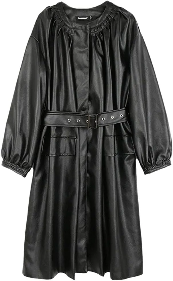 Spring Long Leather Jacket, Lantern Sleeve Belt Faux Leather Coat, Women Korean Fashion Trench