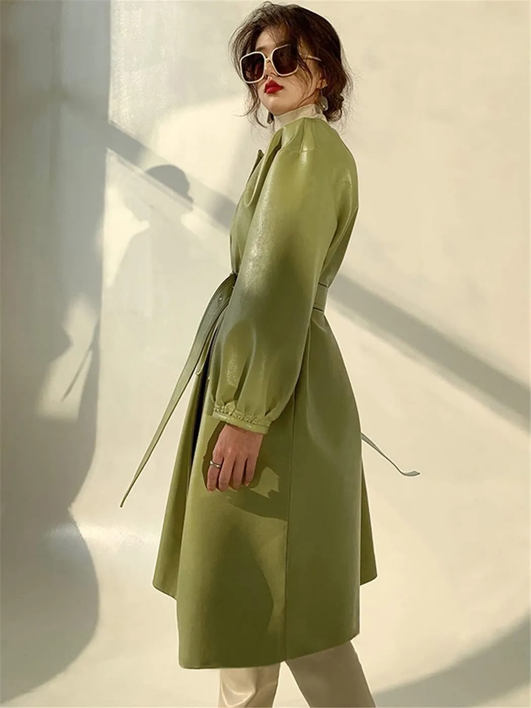 Spring Long Leather Jacket, Lantern Sleeve Belt Faux Leather Coat, Women Korean Fashion Trench