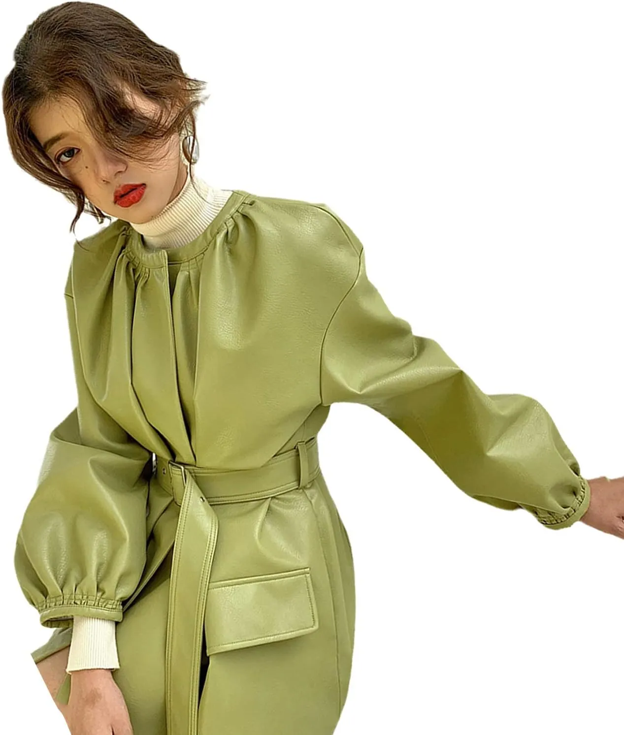 Spring Long Leather Jacket, Lantern Sleeve Belt Faux Leather Coat, Women Korean Fashion Trench