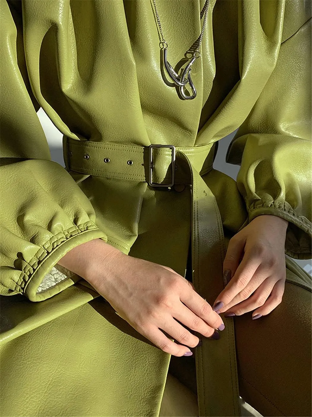 Spring Long Leather Jacket, Lantern Sleeve Belt Faux Leather Coat, Women Korean Fashion Trench