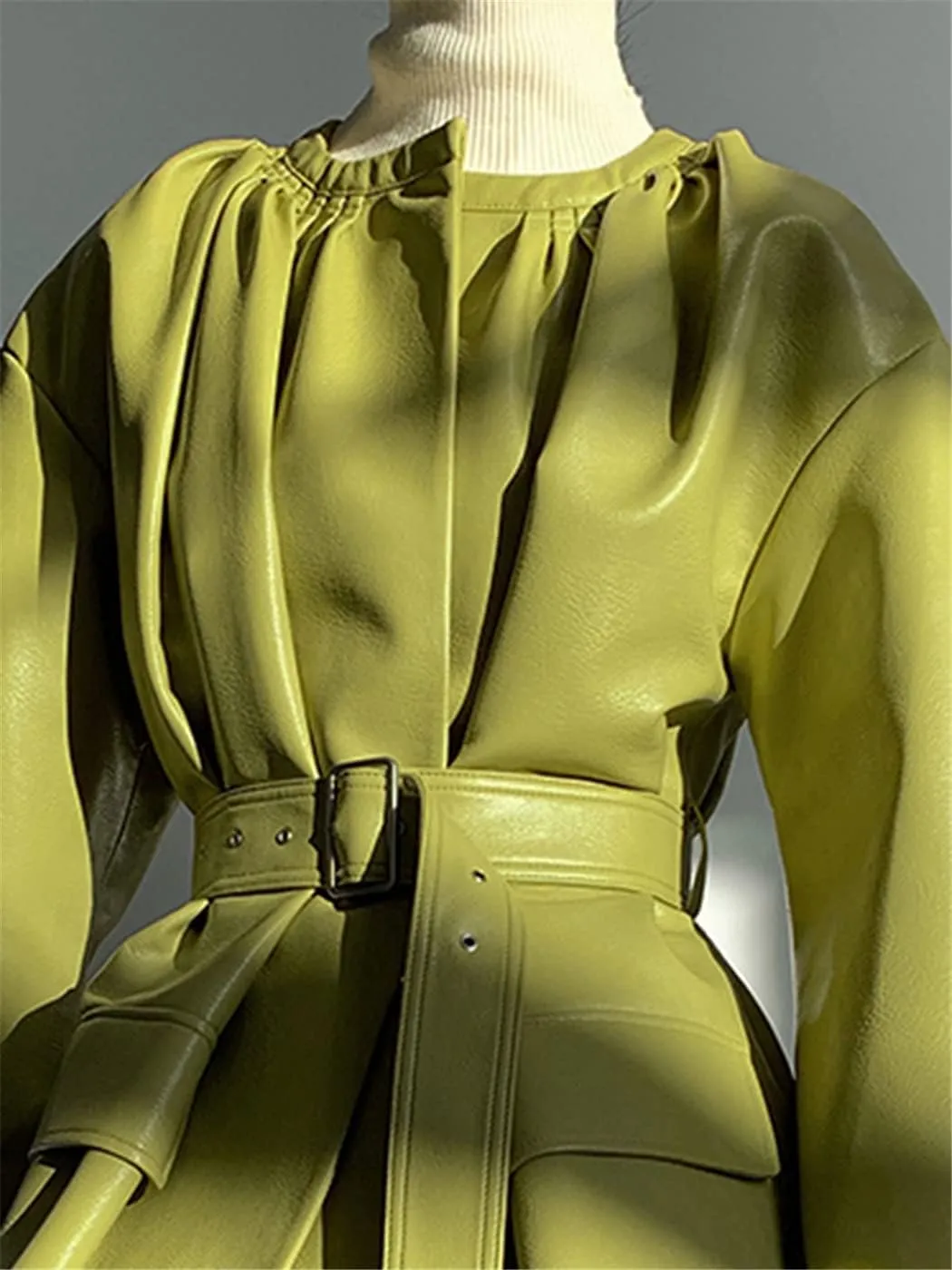 Spring Long Leather Jacket, Lantern Sleeve Belt Faux Leather Coat, Women Korean Fashion Trench