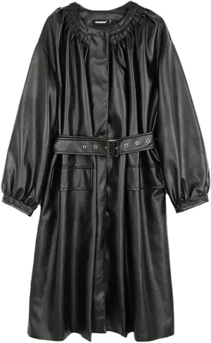 Spring Long Leather Jacket, Lantern Sleeve Belt Faux Leather Coat, Women Korean Fashion Trench
