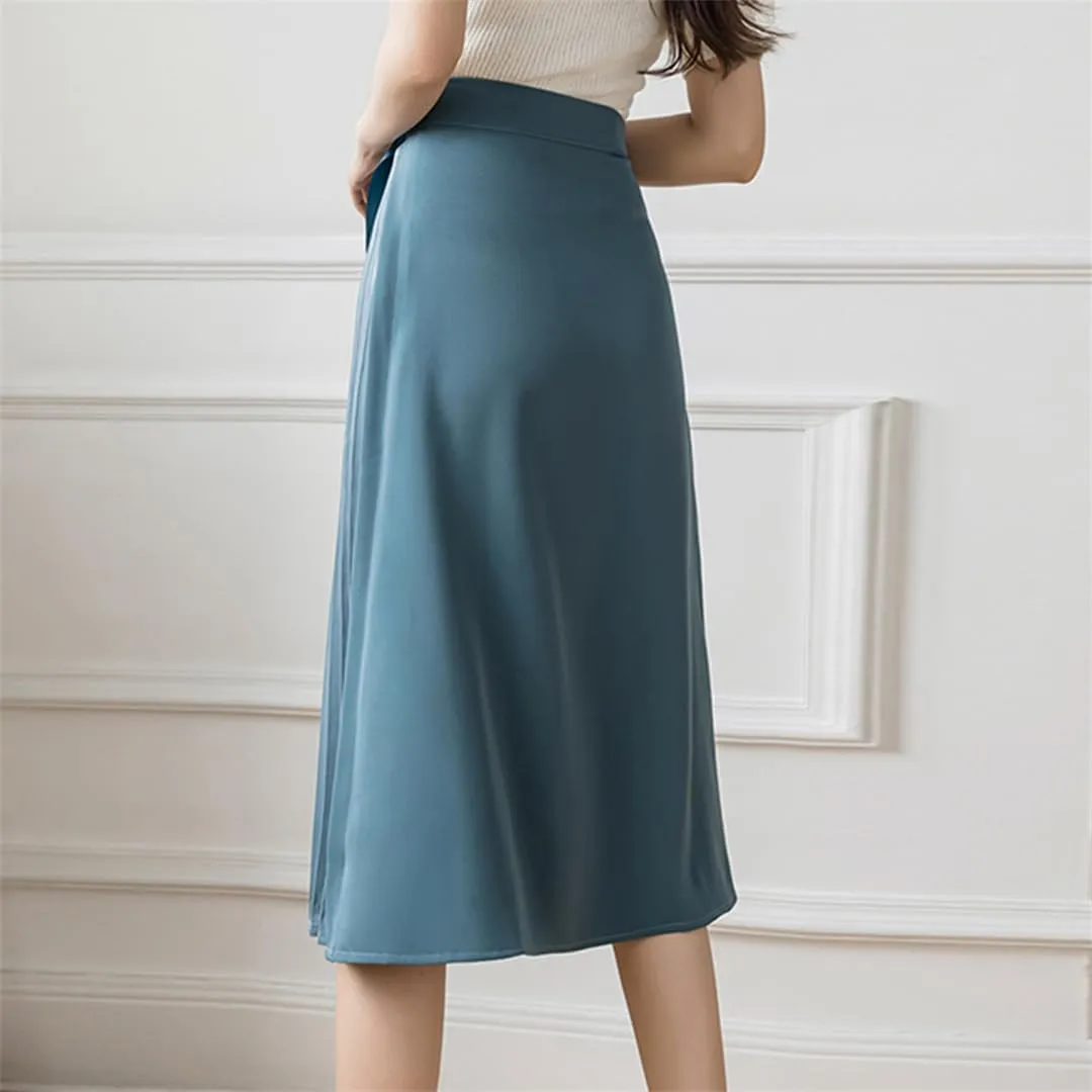 Spring Summer One-Piece Pleated A-Line Skirts Women Simple High Waist Midi Skirt Vintage Elegant Skirts